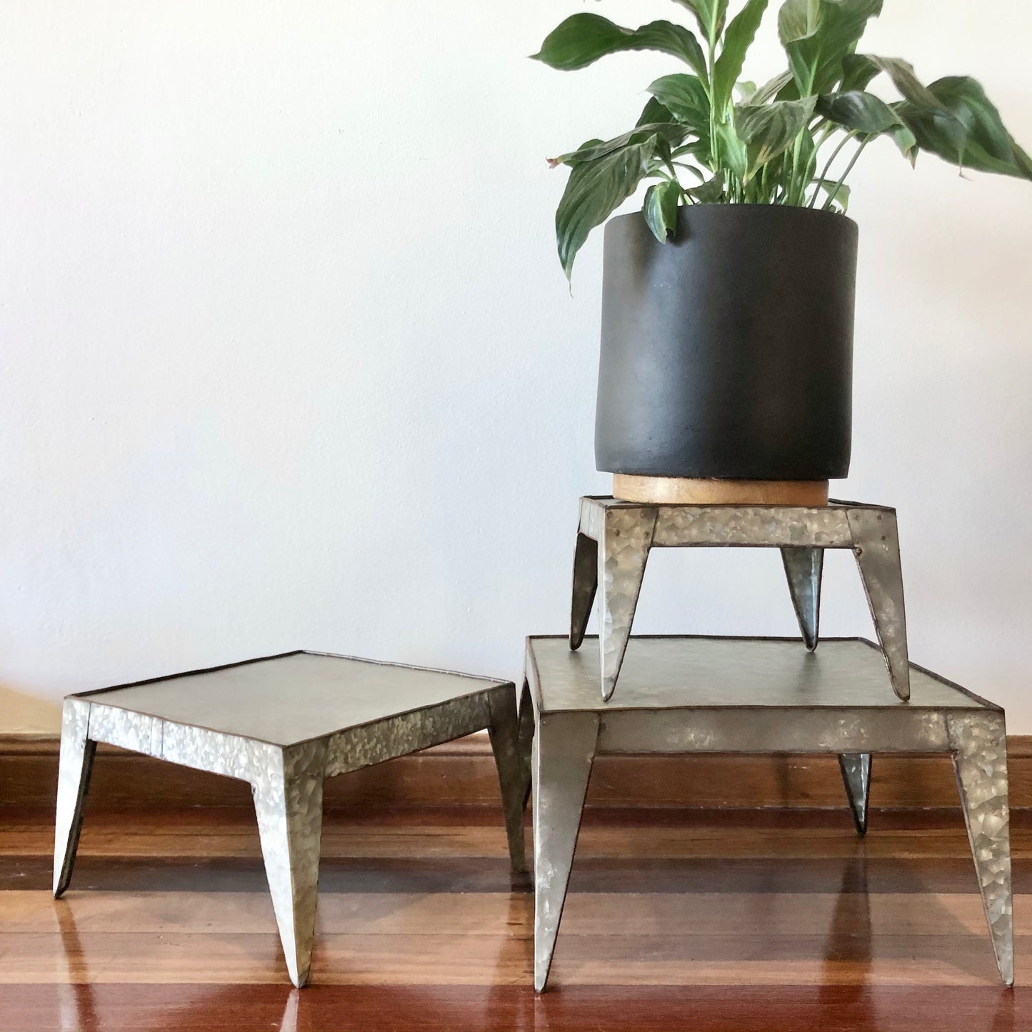 Industrial metal square small table / pot holder stool set 3