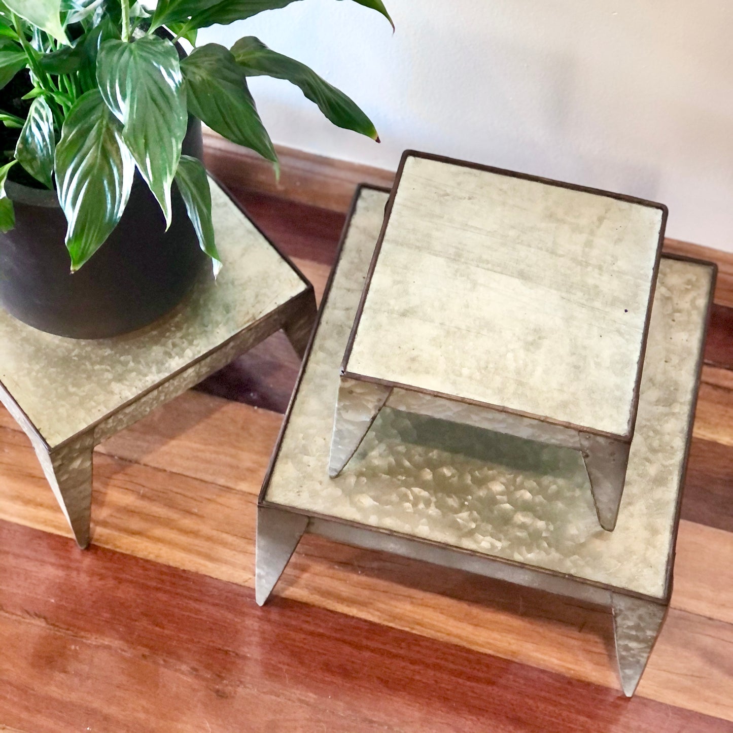 Industrial metal square small table / pot holder stool set 3