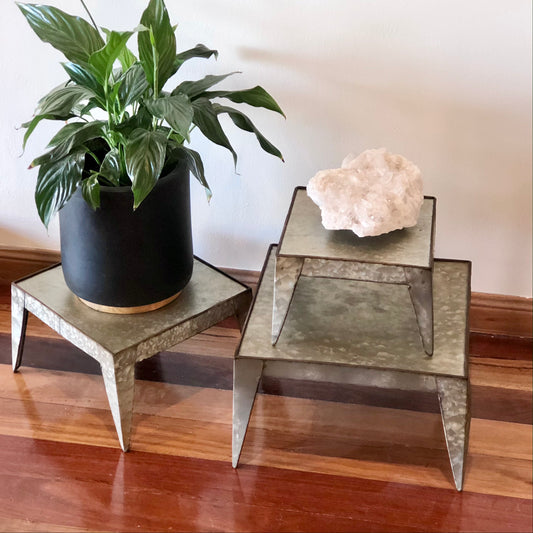 Industrial metal square small table / pot holder stool set 3