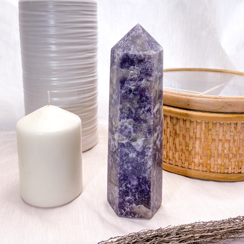 Lepidolite + Blue tourmaline crystal generator tower