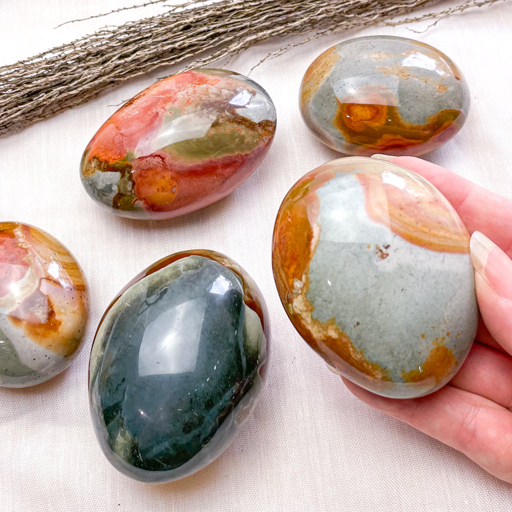 Polychrome jasper crystal palm stone large