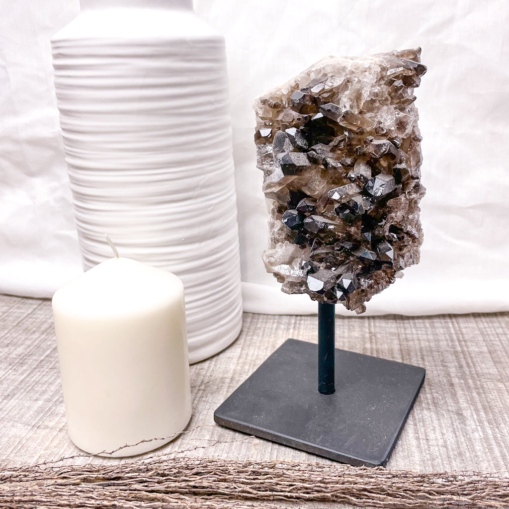 Smoky quartz crystal cluster metal stand L 20cm