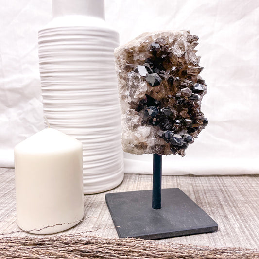 Smoky quartz crystal cluster metal stand L 20cm