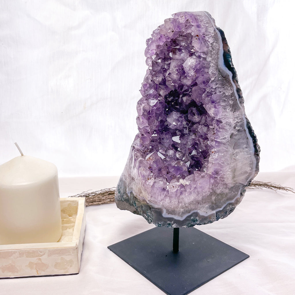 Amethyst + Blue Lace agate crystal polished cluster on metal stand 3kg