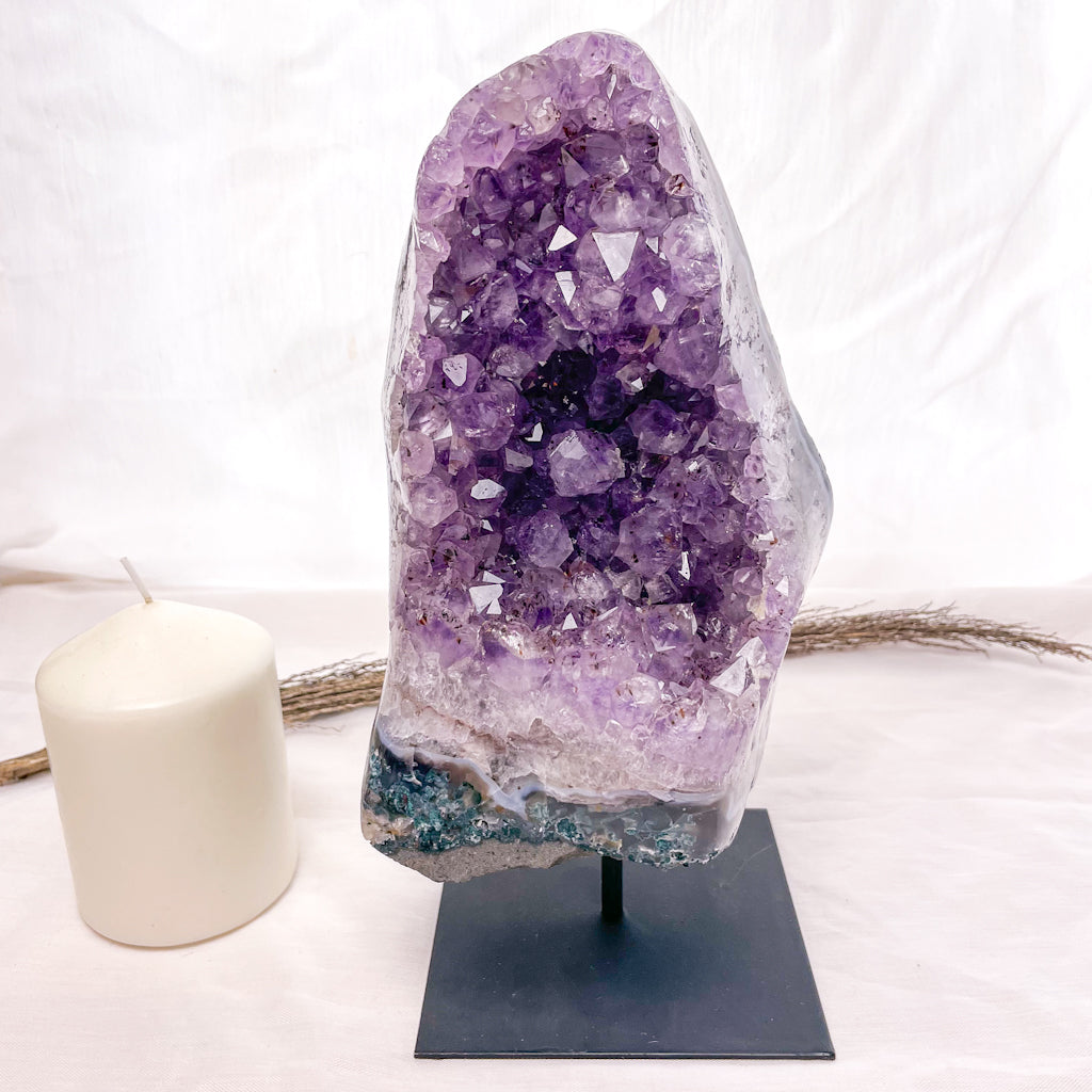 Amethyst + Blue Lace agate crystal polished cluster on metal stand 3kg