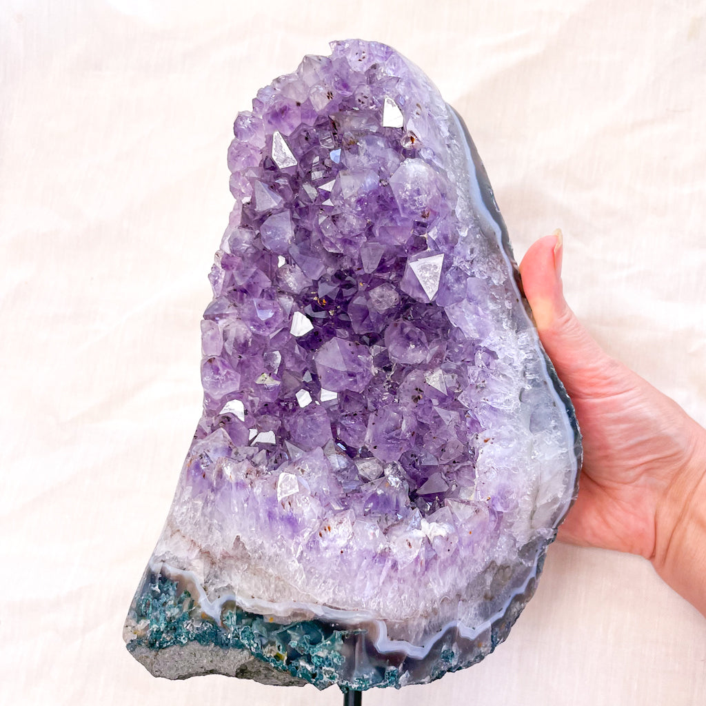 Amethyst + Blue Lace agate crystal polished cluster on metal stand 3kg