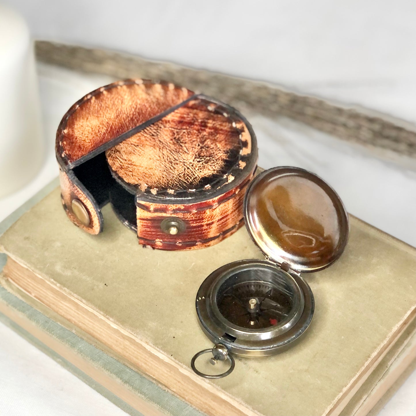 Antique brass compass + leather case