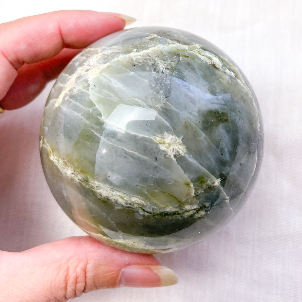 Moonstone green crystal sphere large 8cm