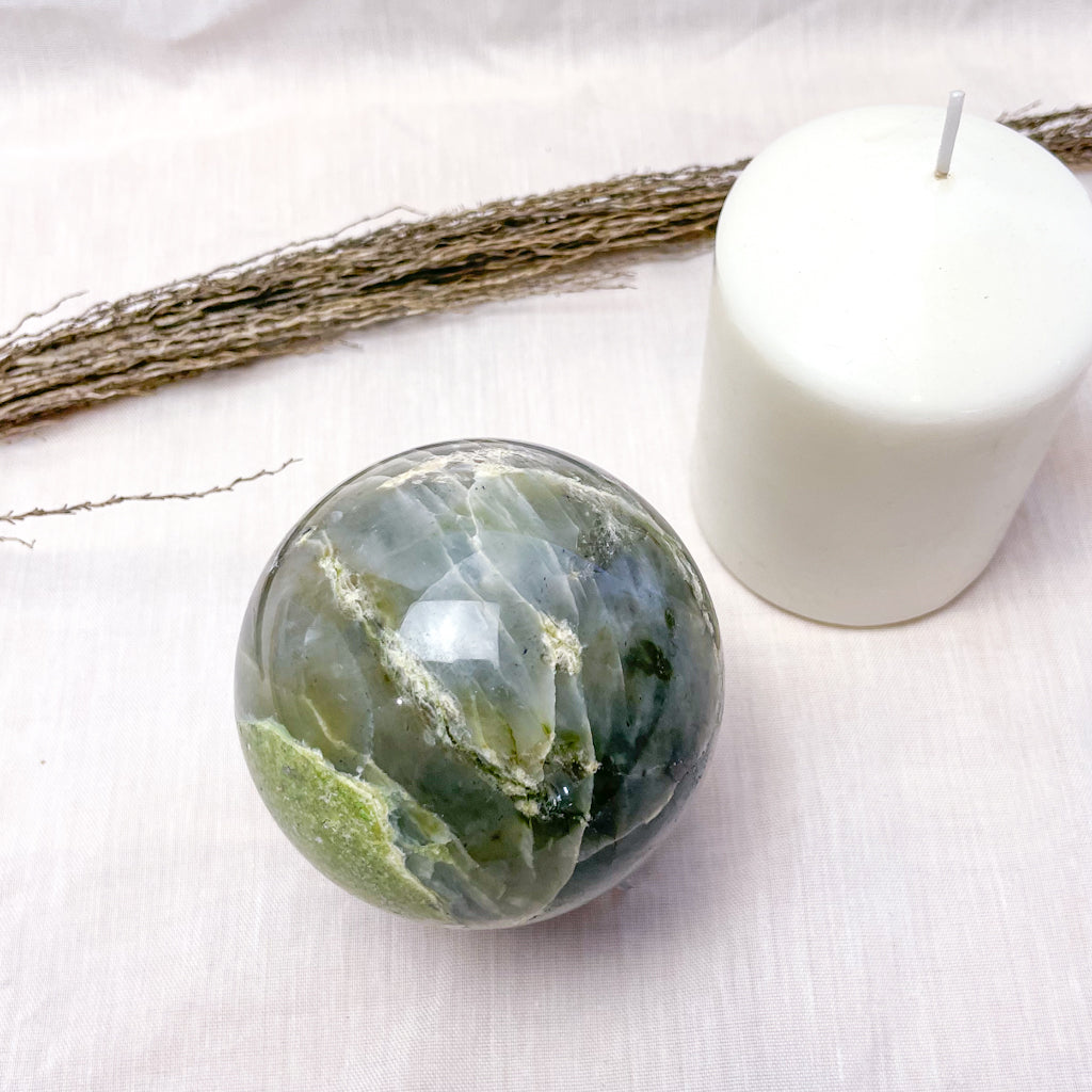 Moonstone green crystal sphere large 8cm