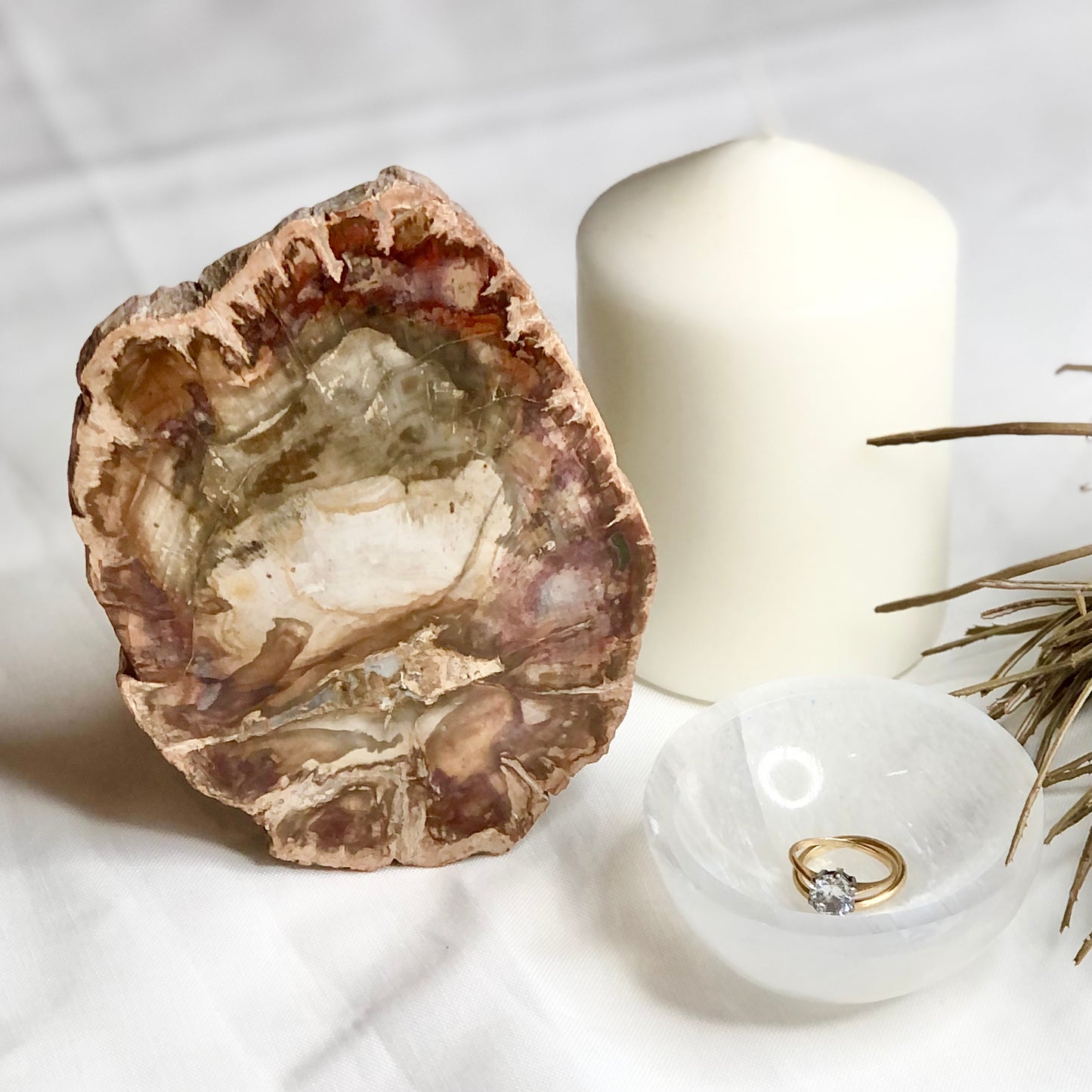 Quartz crystal fossil wood slice slab / ring tray 12