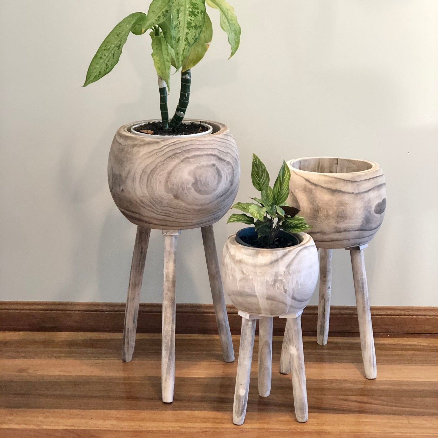 Kiri white washed wood pot plant stand