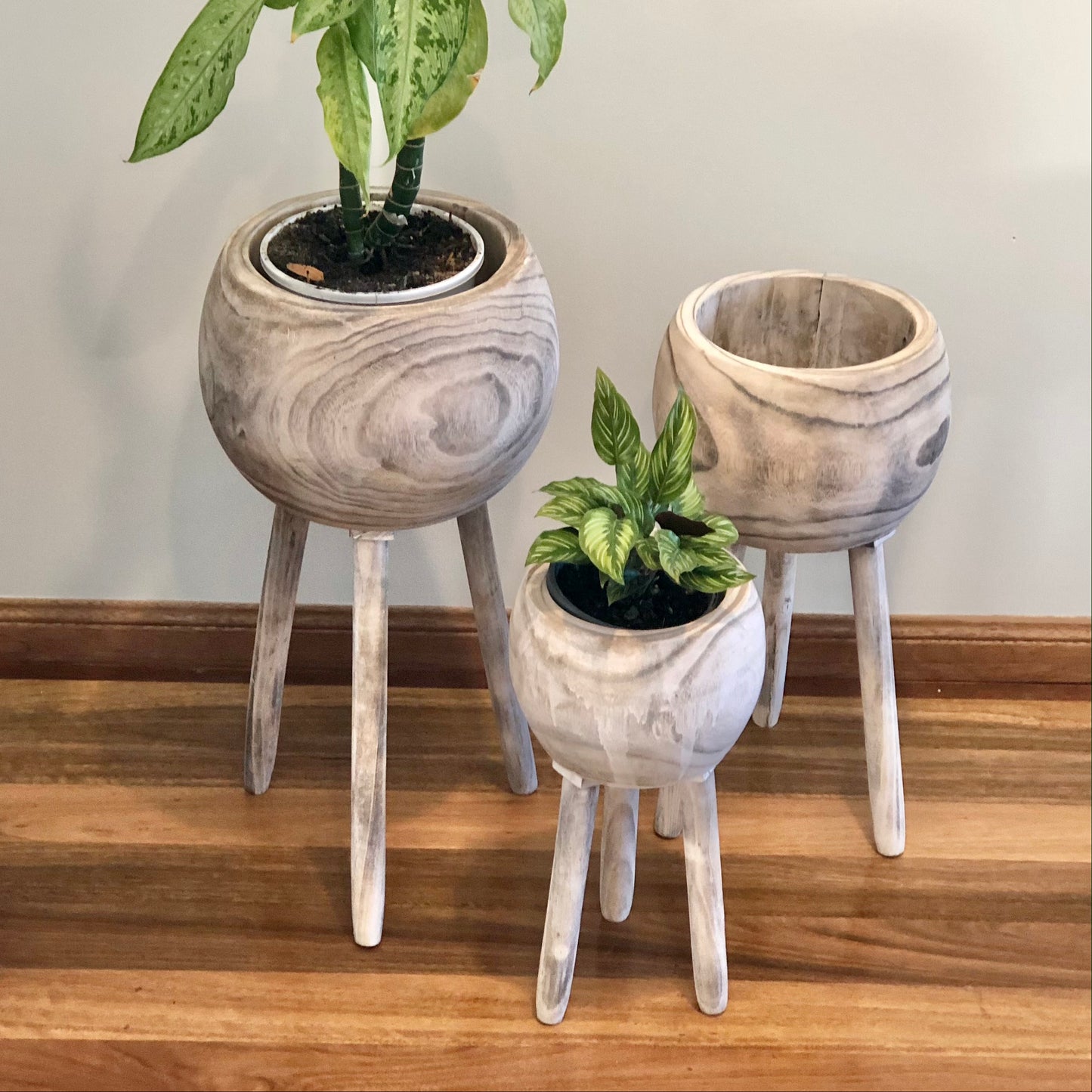 Kiri white washed wood pot plant stand