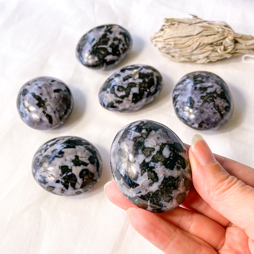 Indigo Gabbro crystal palm stone or sphere