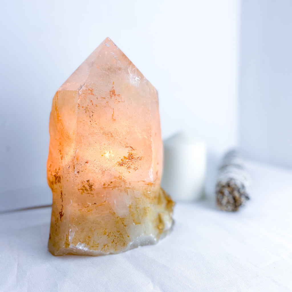 Golden healer quartz crystal raw + polished point generator lamp 3kg XL