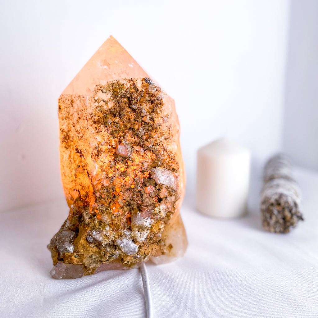 Golden healer quartz crystal raw + polished point generator lamp 3kg XL