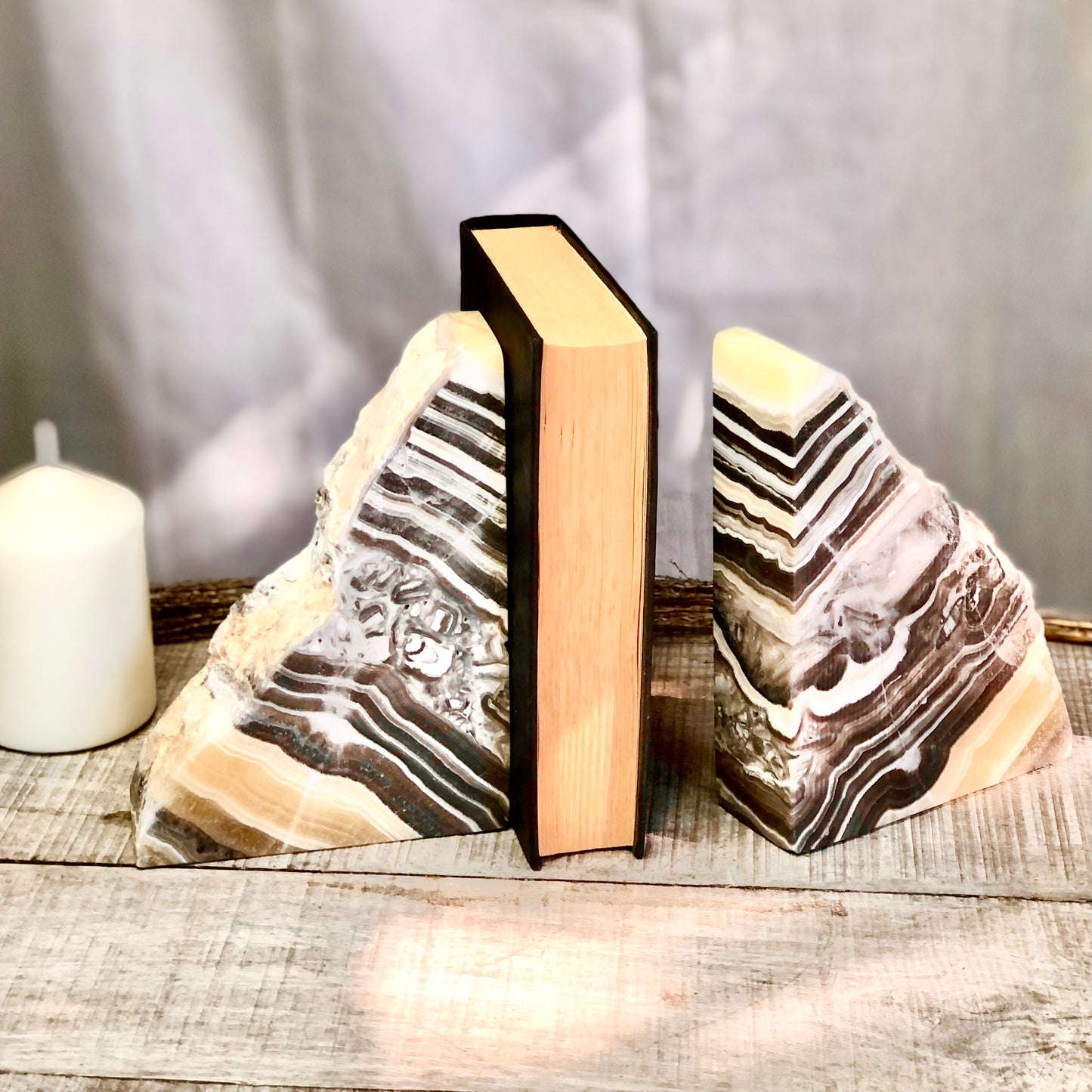 Zebra orange calcite + Aragonite crystal bookend pair