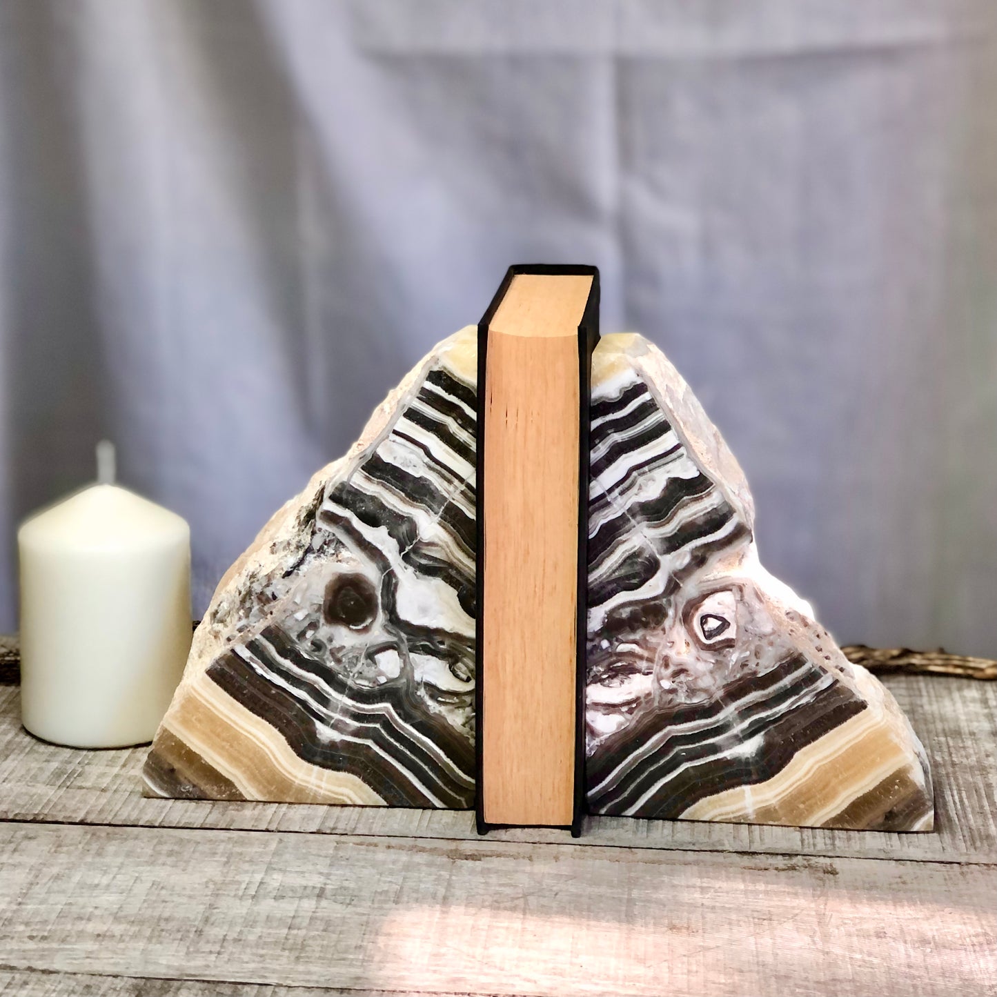 Zebra orange calcite + Aragonite crystal bookend pair