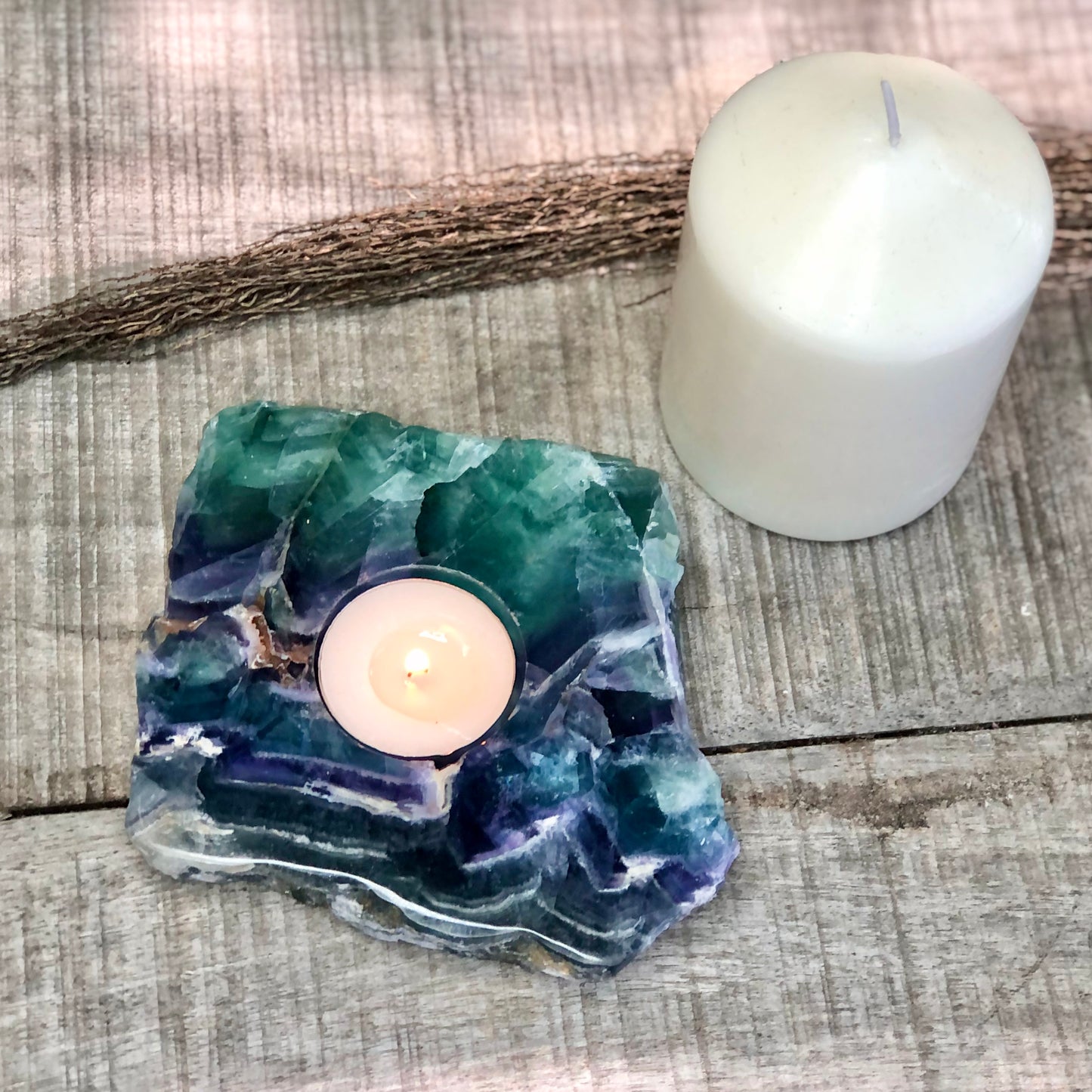Fluorite green polished top crystal candle holder