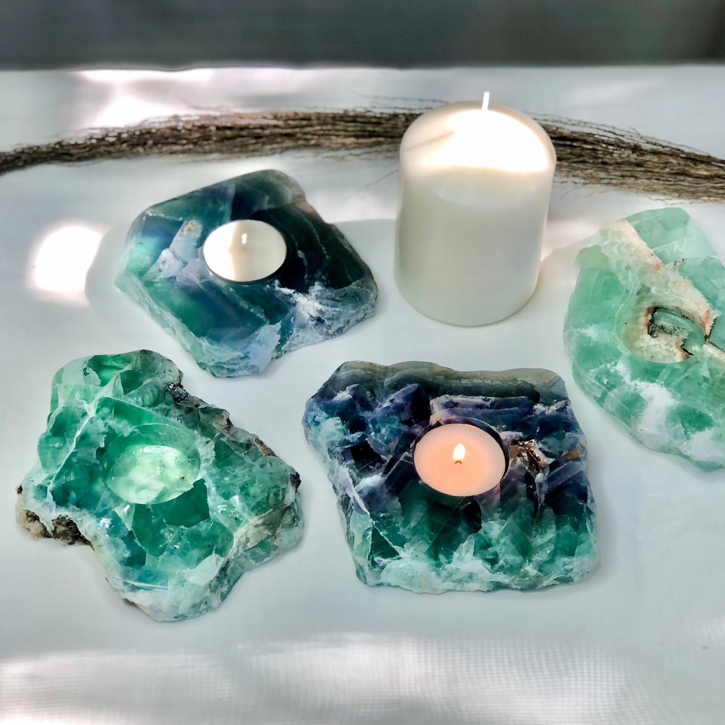 Fluorite green polished top crystal candle holder