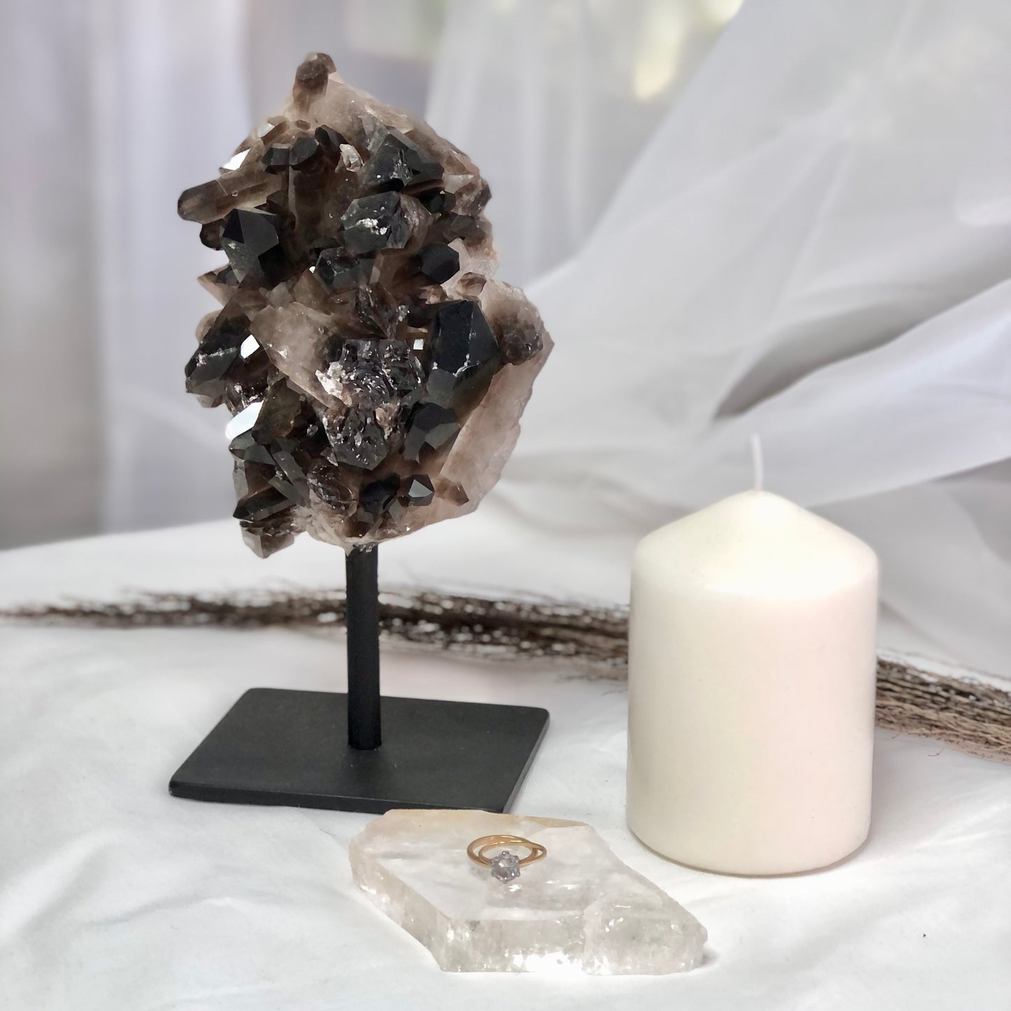 Smoky quartz crystal cluster on metal stand L 23cm