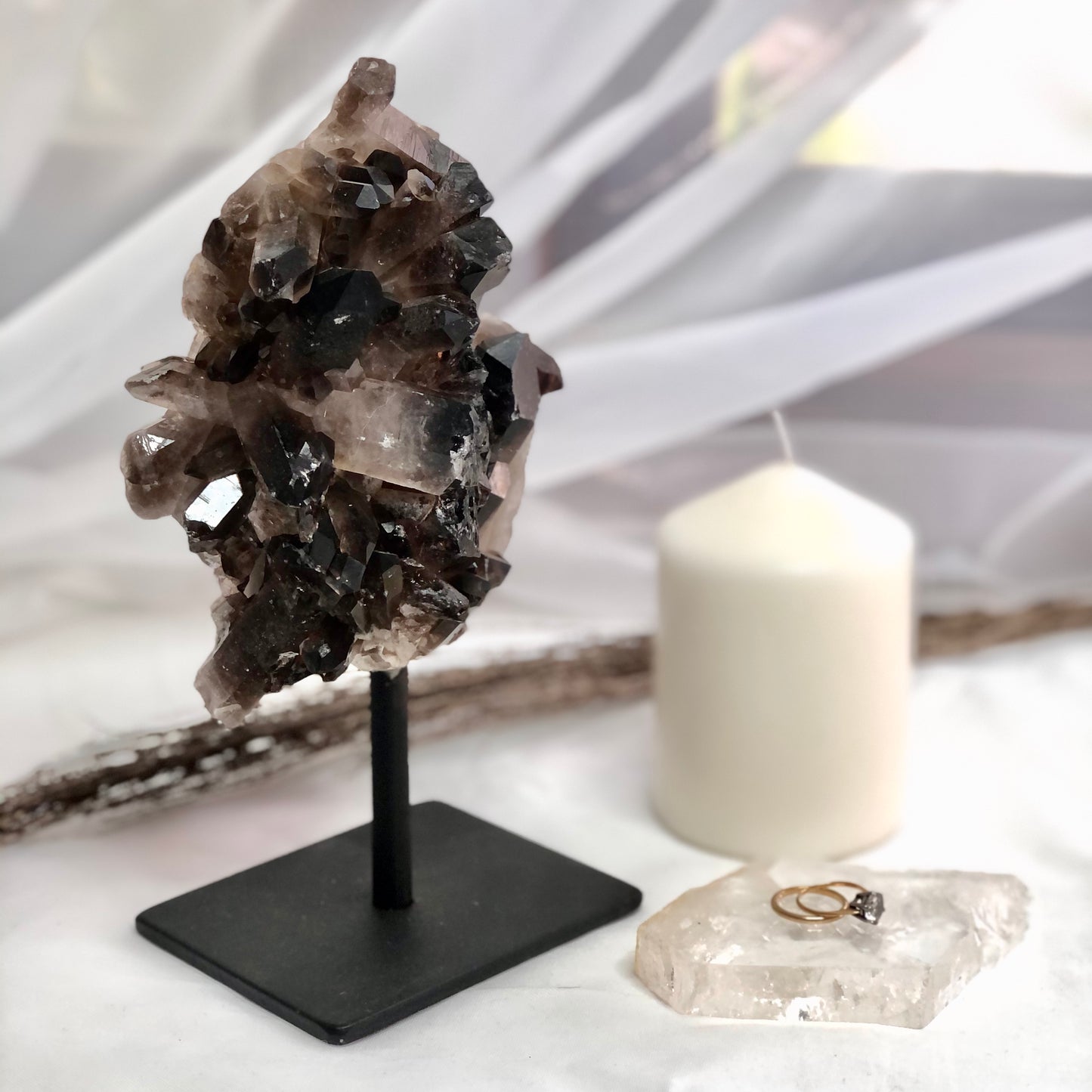 Smoky quartz crystal cluster on metal stand L 23cm