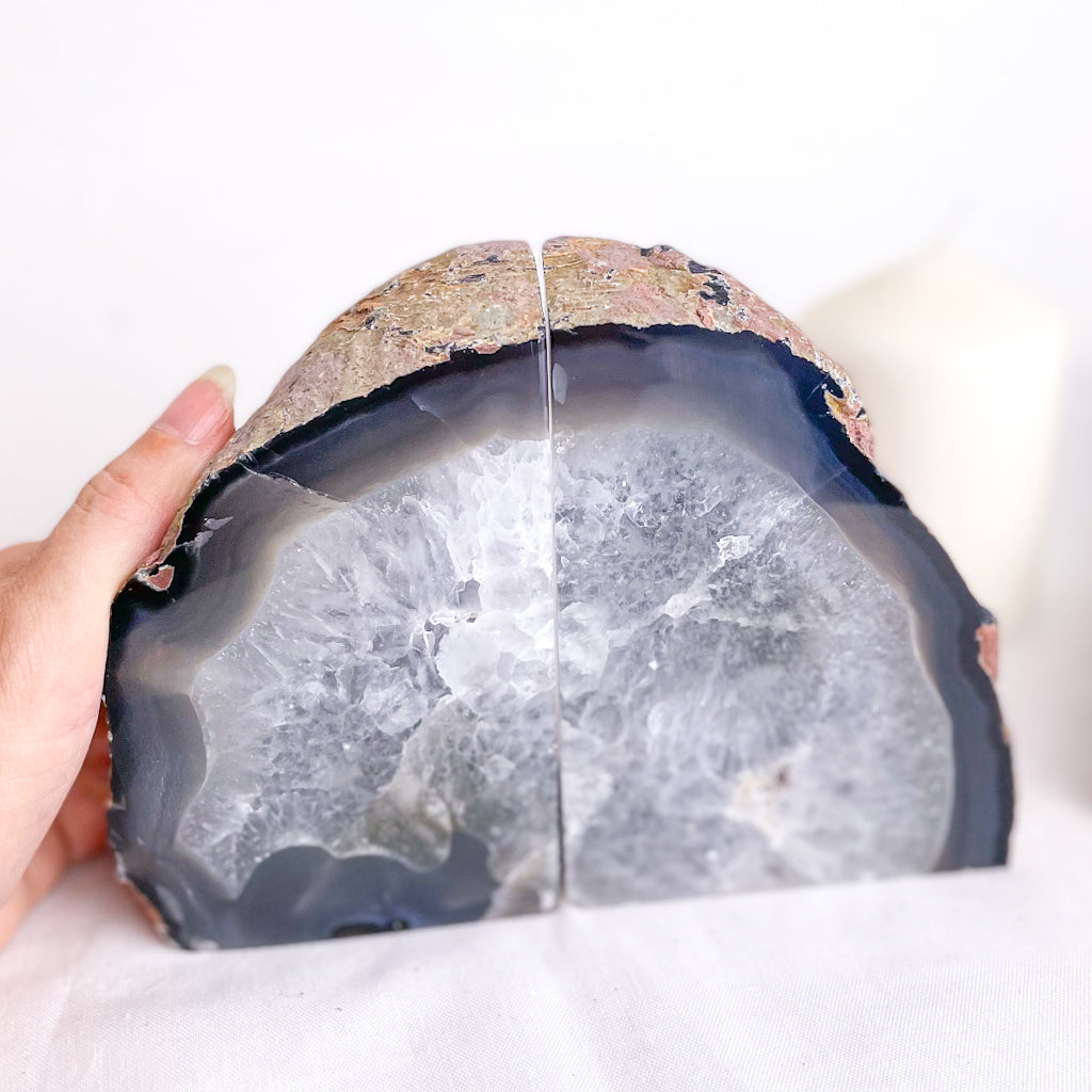 Natural Agate crystal geode stone bookend pair grey XL 2