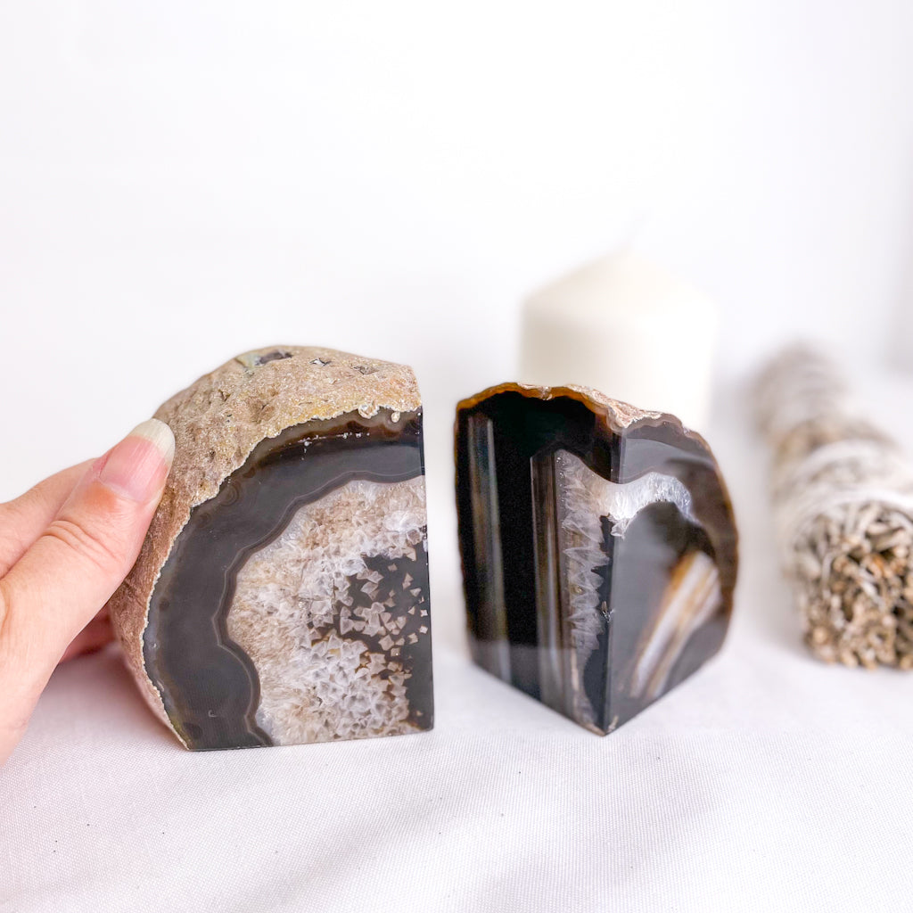Natural Agate crystal geode bookend pair brown