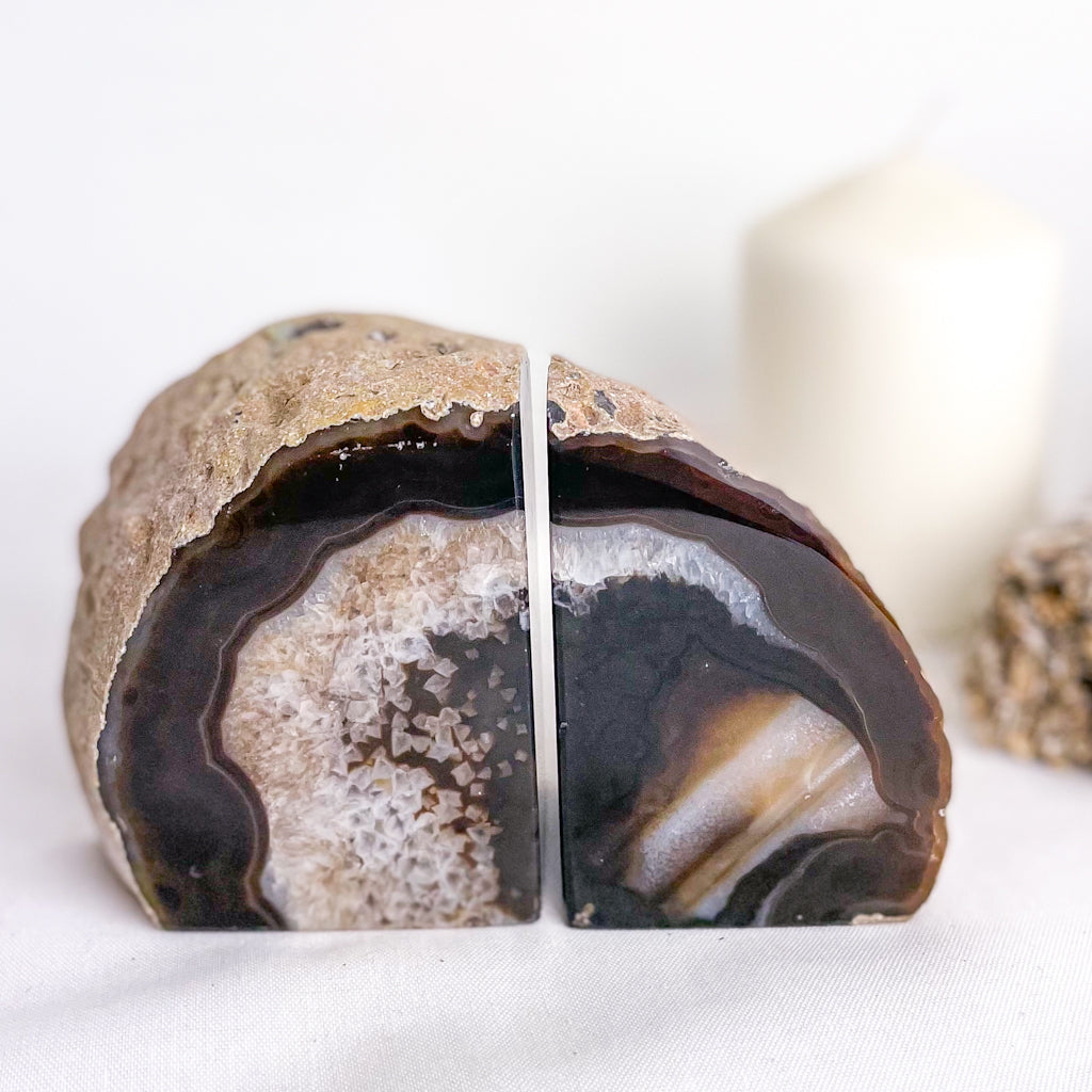 Natural Agate crystal geode bookend pair brown
