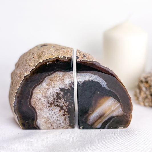 Natural Agate crystal geode bookend pair brown
