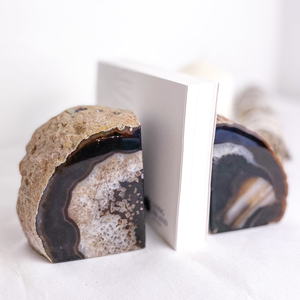Natural Agate crystal geode bookend pair brown