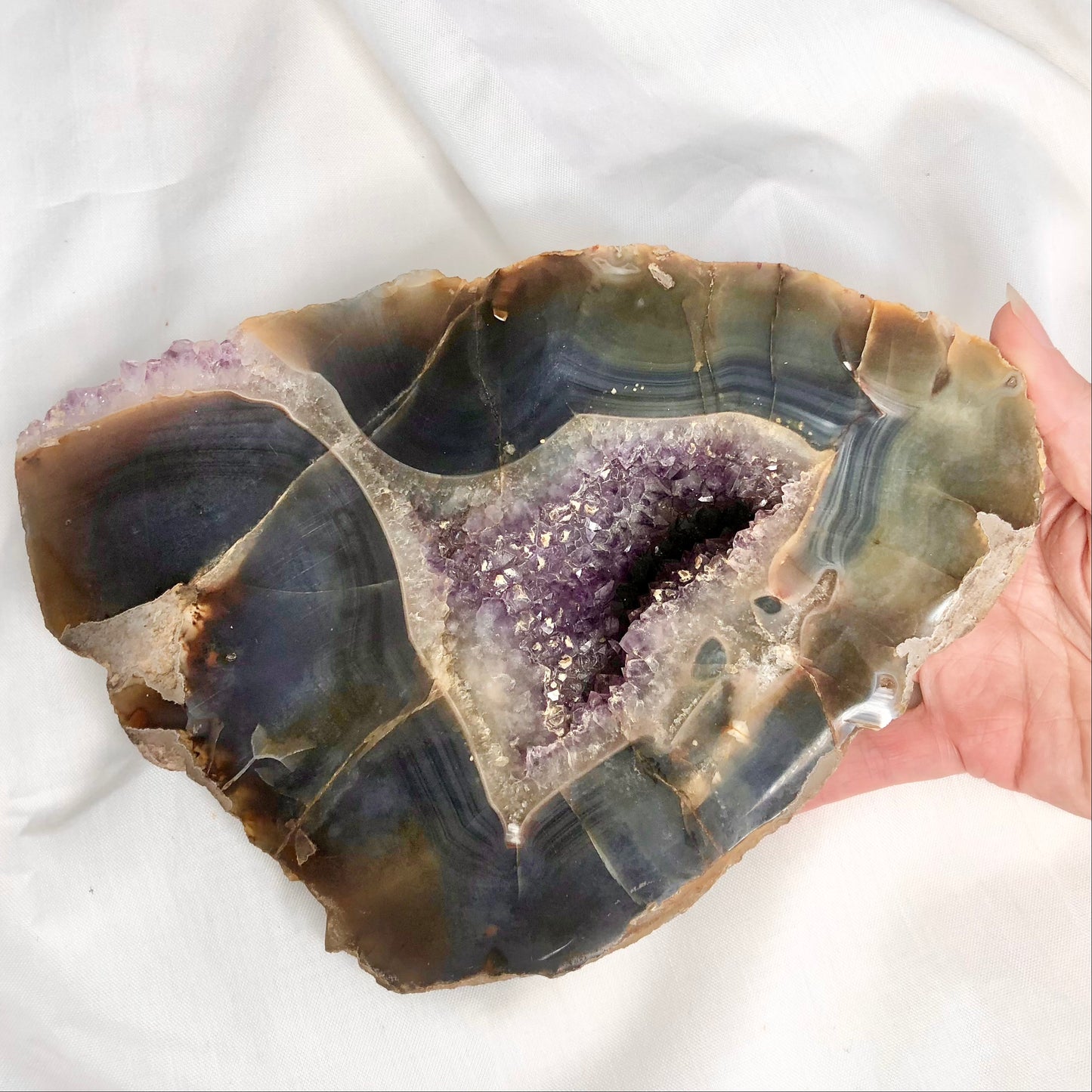 Blue Lace Agate + Amethyst crystal geode thick slab L