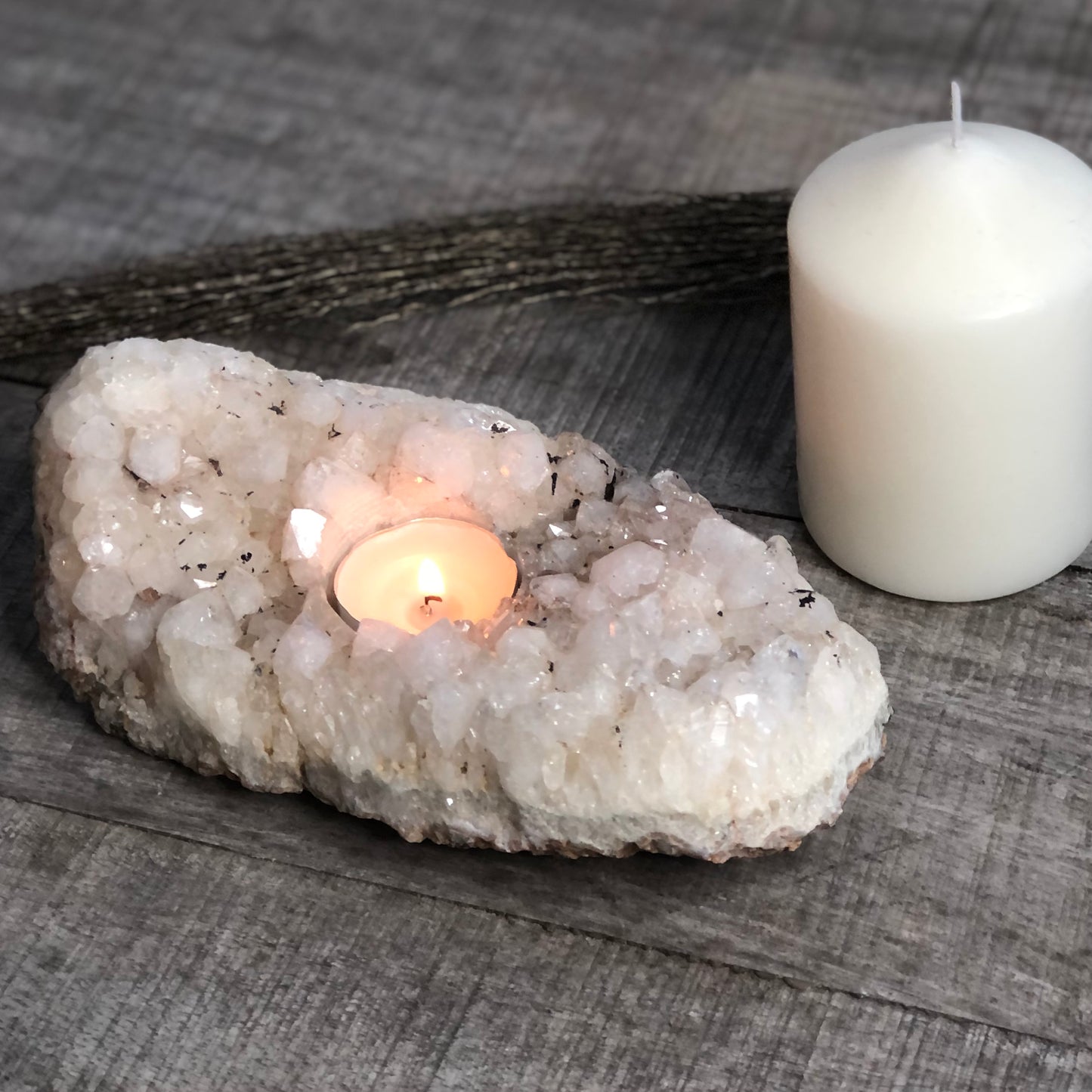 Snow clear quartz crystal cluster candle