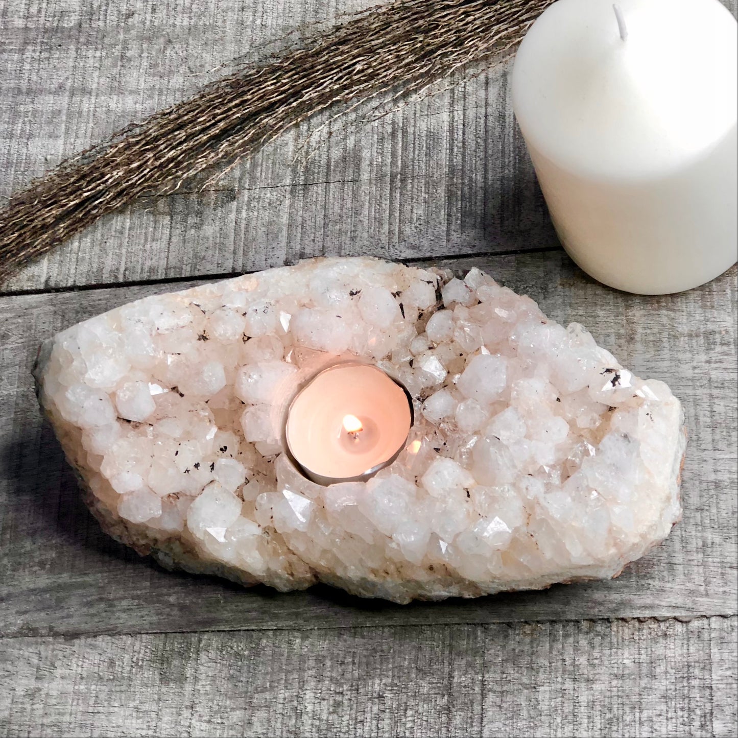 Snow clear quartz crystal cluster candle