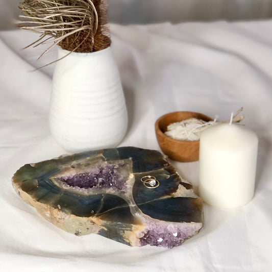 Blue Lace Agate + Amethyst crystal geode thick slab L