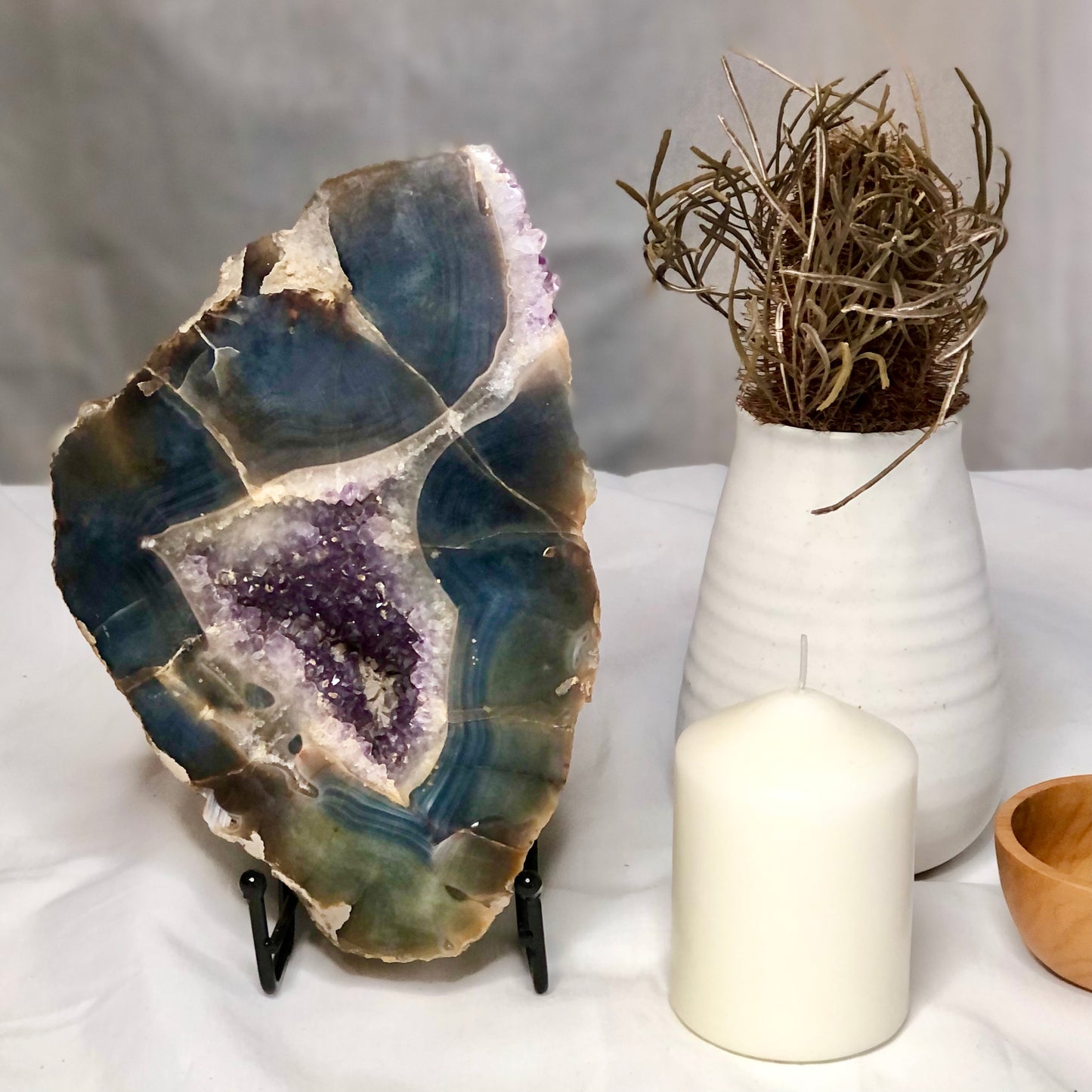 Blue Lace Agate + Amethyst crystal geode thick slab L