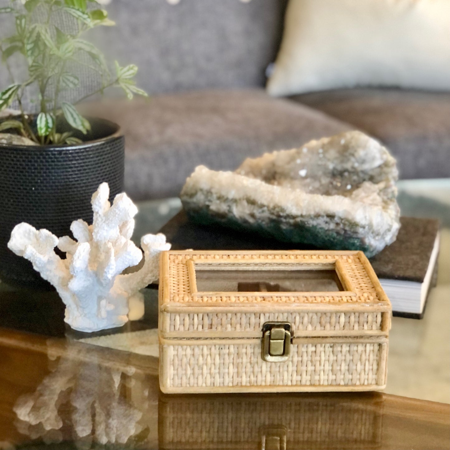Rattan weave glass top storage box