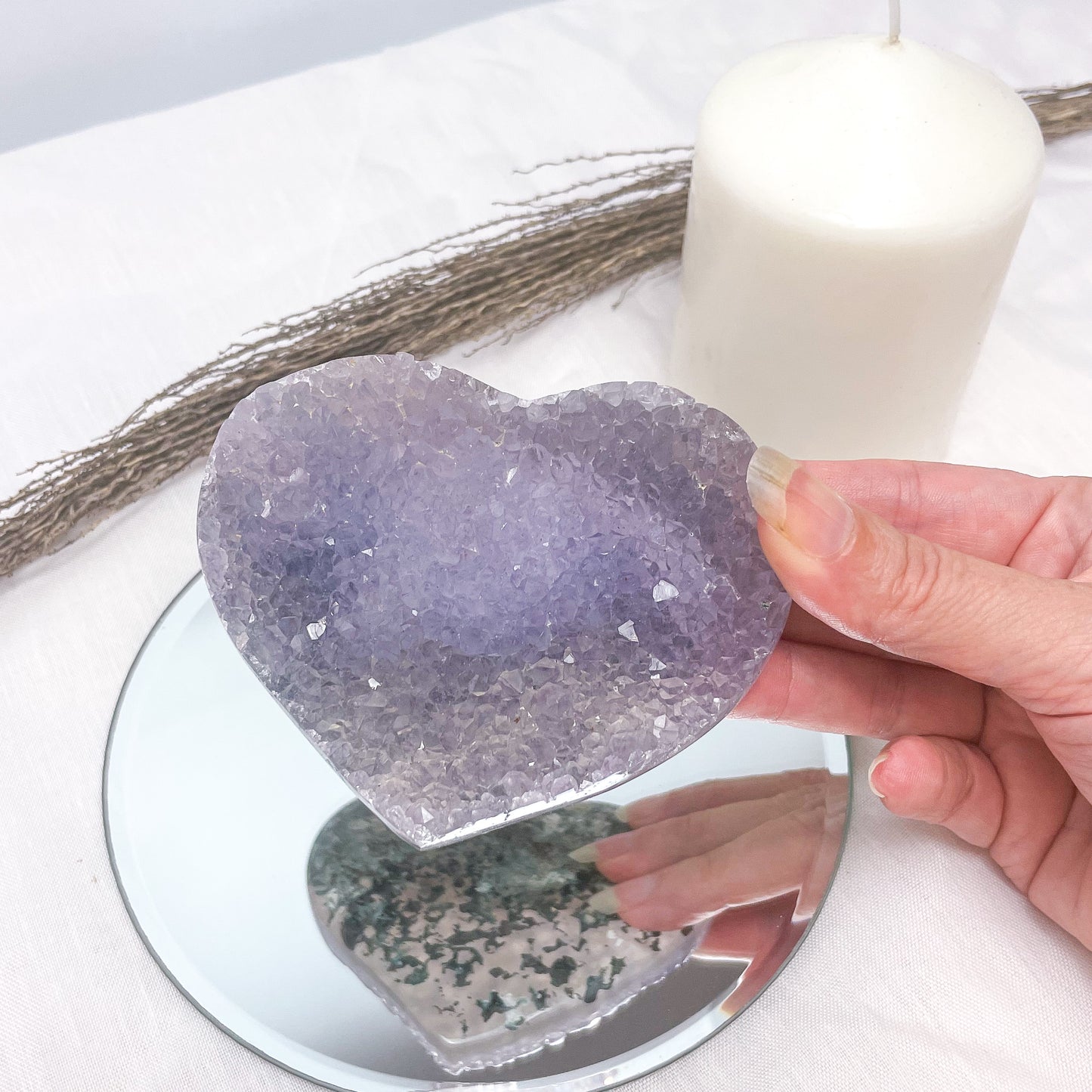 Amethyst crystal polished edge cluster heart 10cm with silver stand