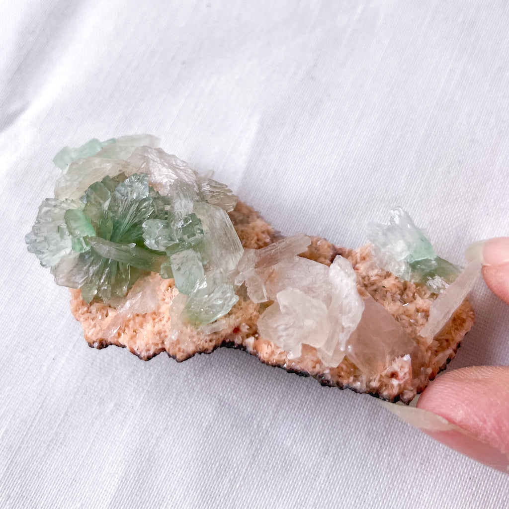 Green apophyllite, heulandite + stilbite crystal specimen