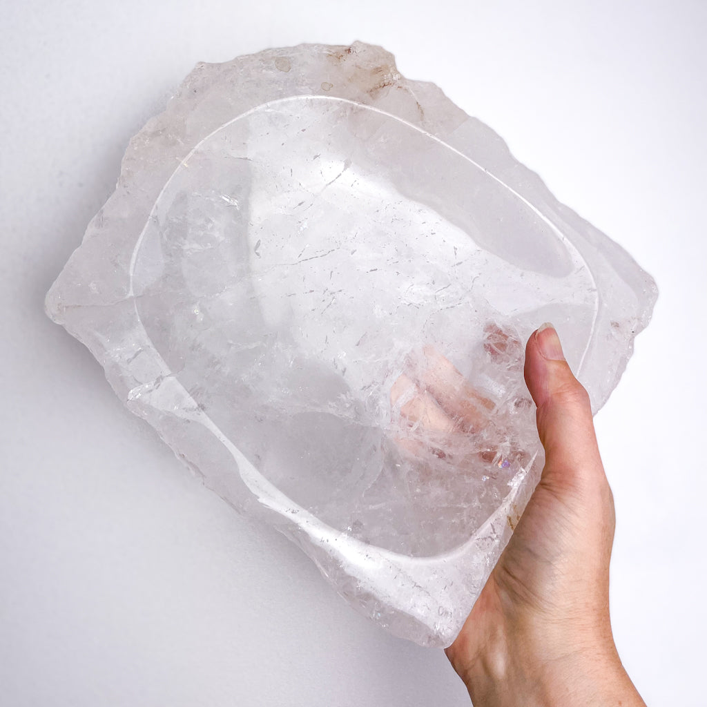 Clear quartz grade A crystal bowl with rainbow inclusions XL