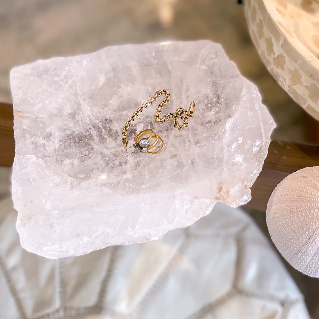 Clear quartz grade A crystal bowl with rainbow inclusions XL