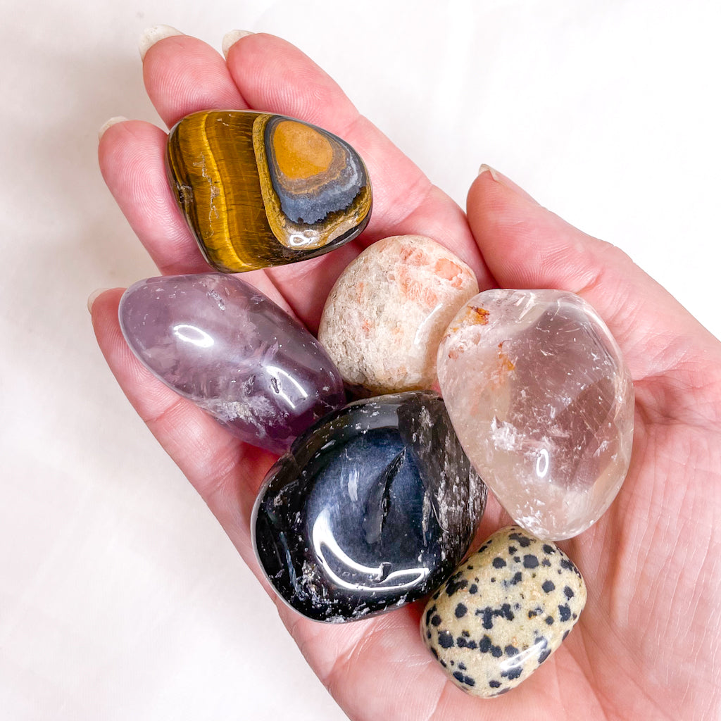 Crystal tumble stone gift bundle - CALM - Amethyst, Clear Quartz, Tigers Eye, Smoky Quartz, Sunstone + Dalmation Jasper