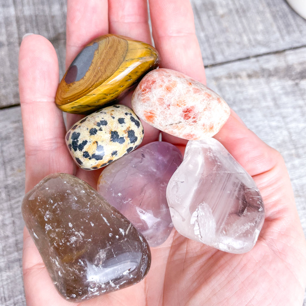 Crystal tumble stone gift bundle - CALM - Amethyst, Clear Quartz, Tigers Eye, Smoky Quartz, Sunstone + Dalmation Jasper
