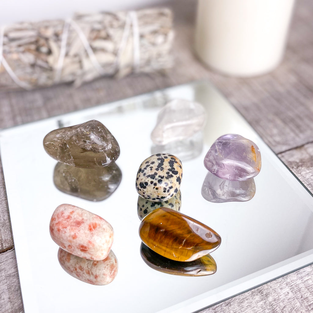 Crystal tumble stone gift bundle - CALM - Amethyst, Clear Quartz, Tigers Eye, Smoky Quartz, Sunstone + Dalmation Jasper