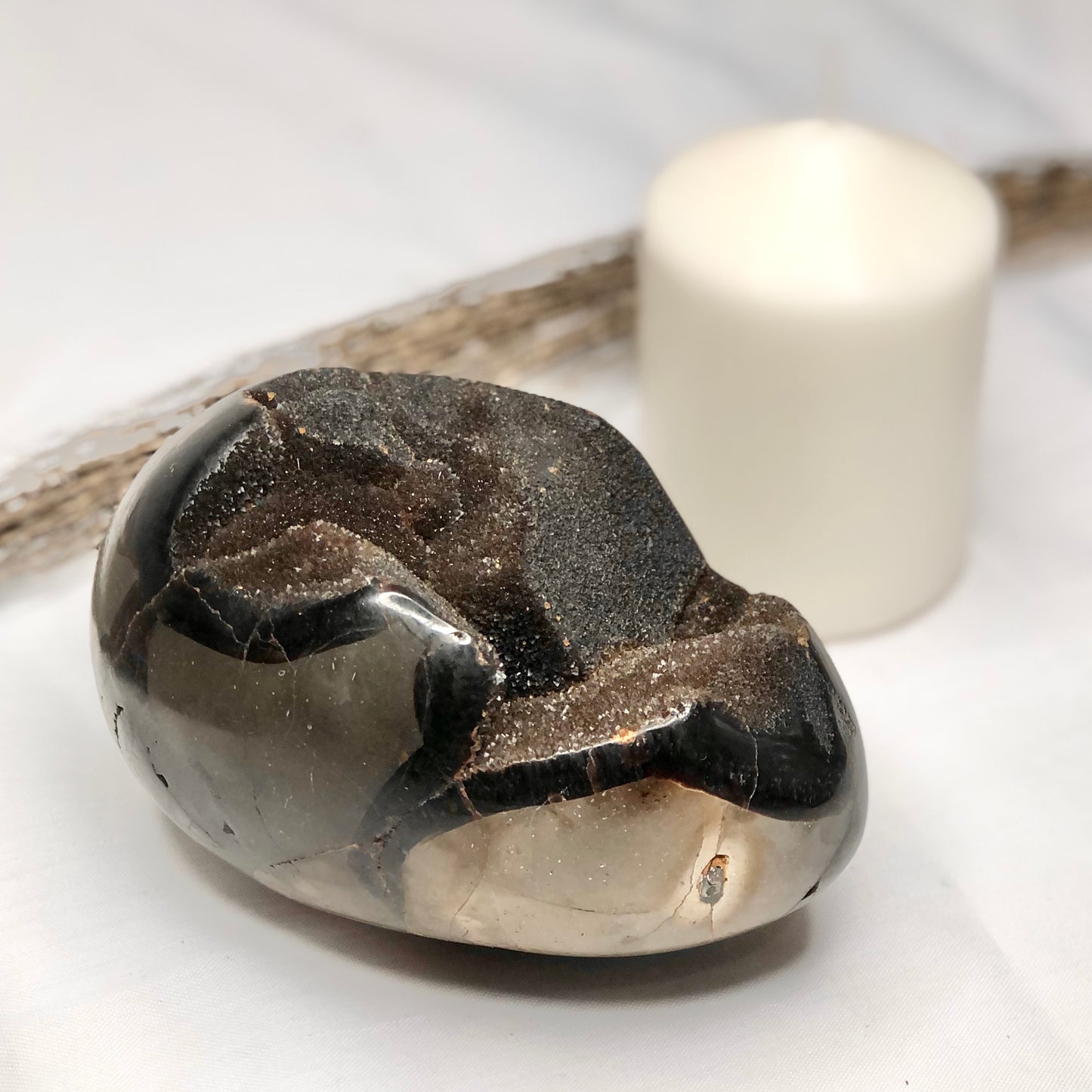 Septarian nodule druzy crystal egg XL with gold stand