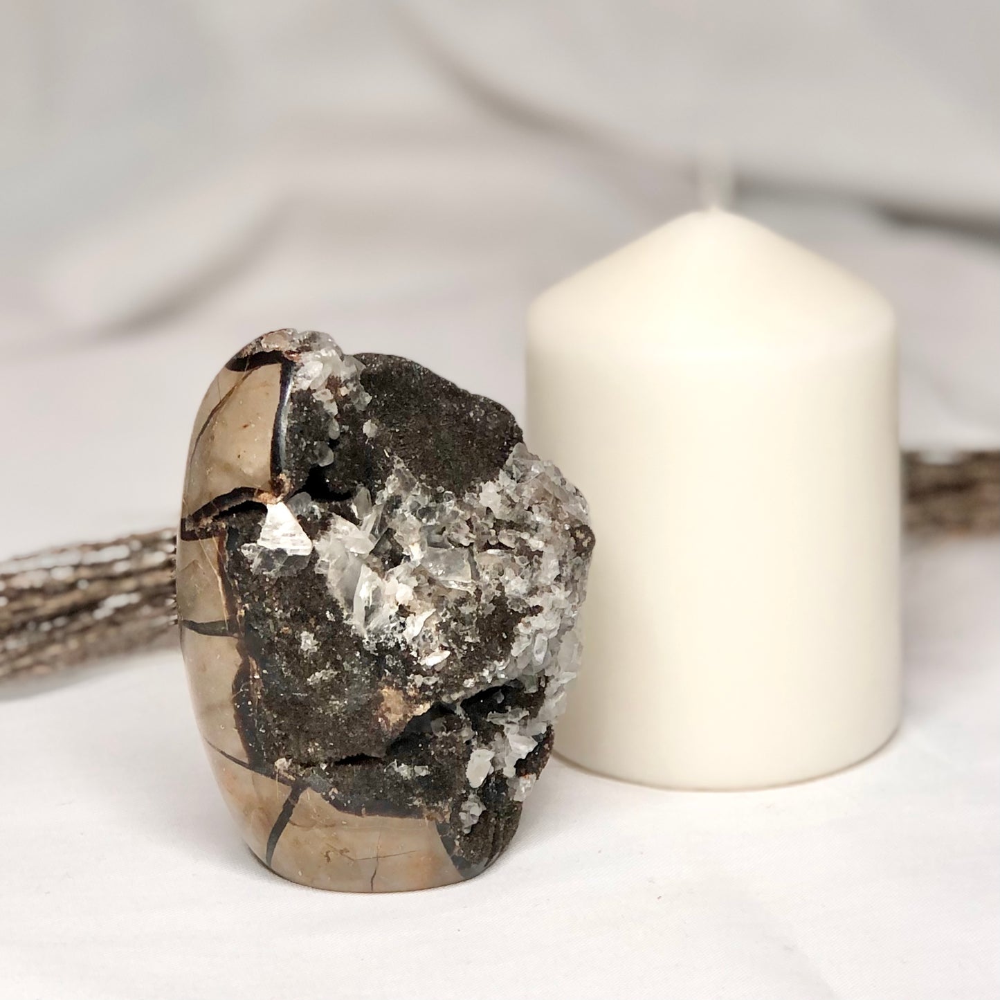 Septarian nodule + Calcite crystal flat base statue M