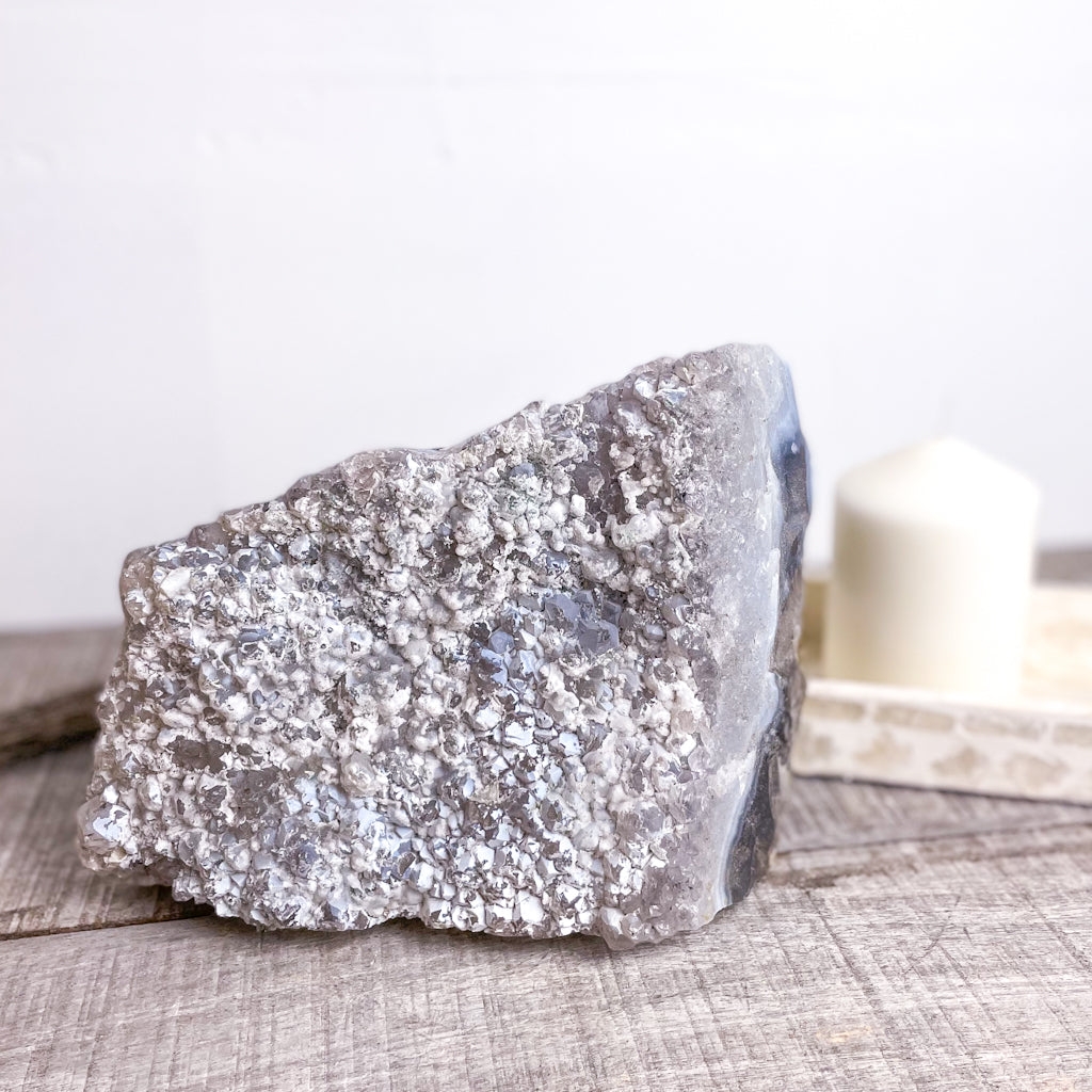 Blue Lace Agate, Smoky Amethyst + Calcite crystal cluster