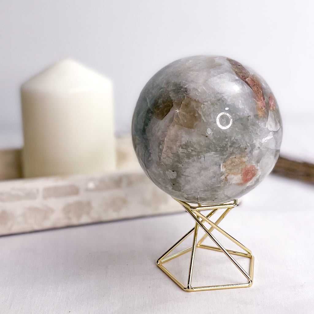 Lepidolite, Smoky quartz, Tourmaline, Aquamarine + Charoite crystal sphere