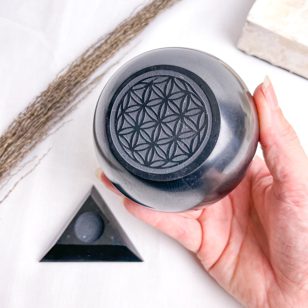 Shungite large crystal sphere flower of life with stand