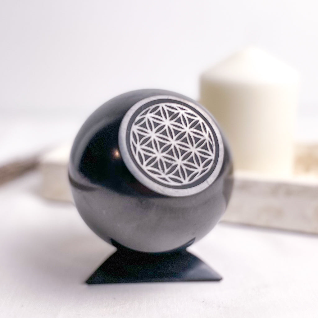 Shungite large crystal sphere flower of life with stand