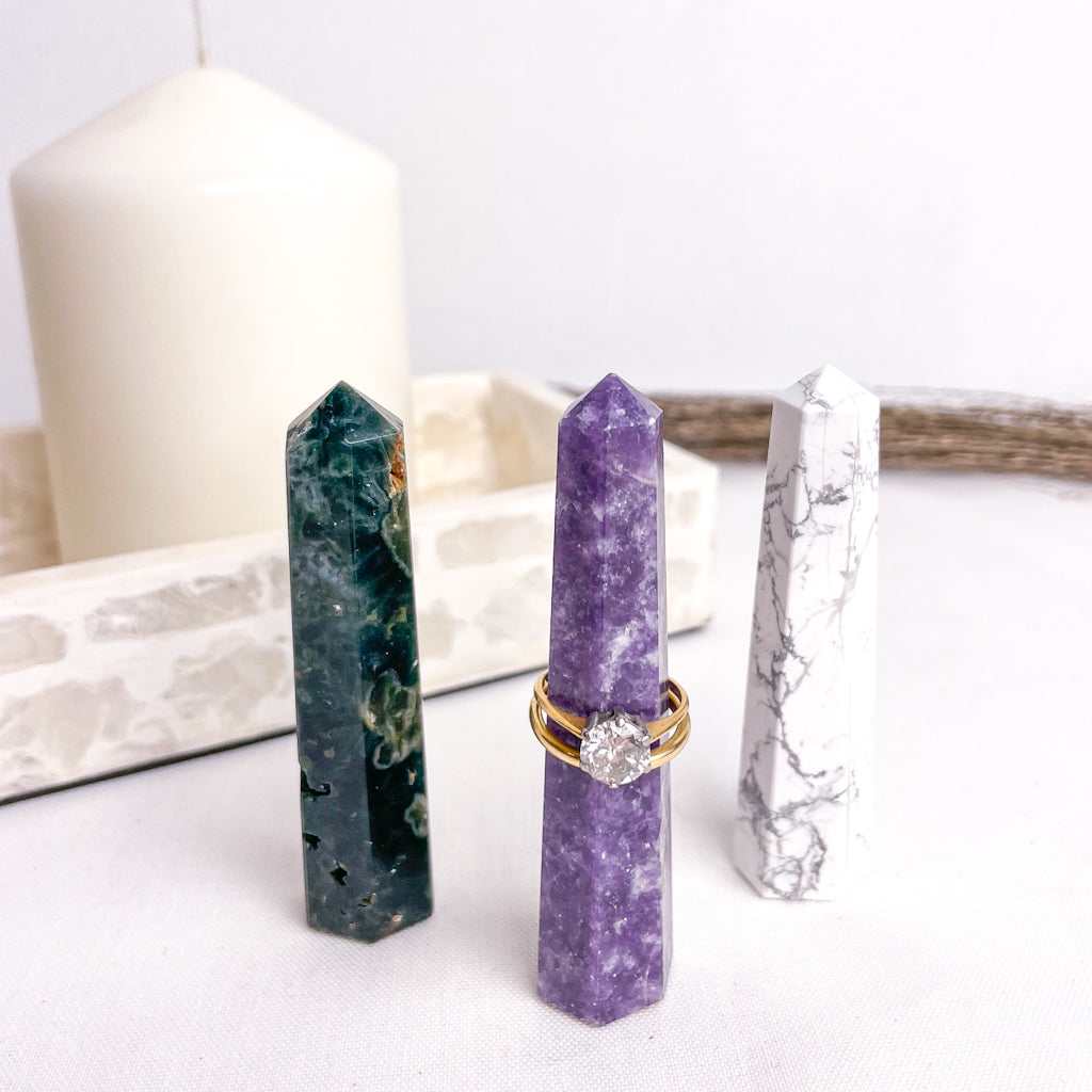 Trio of crystal ring holder towers - Lepidolite, Howlite + Ocean jasper points bundle